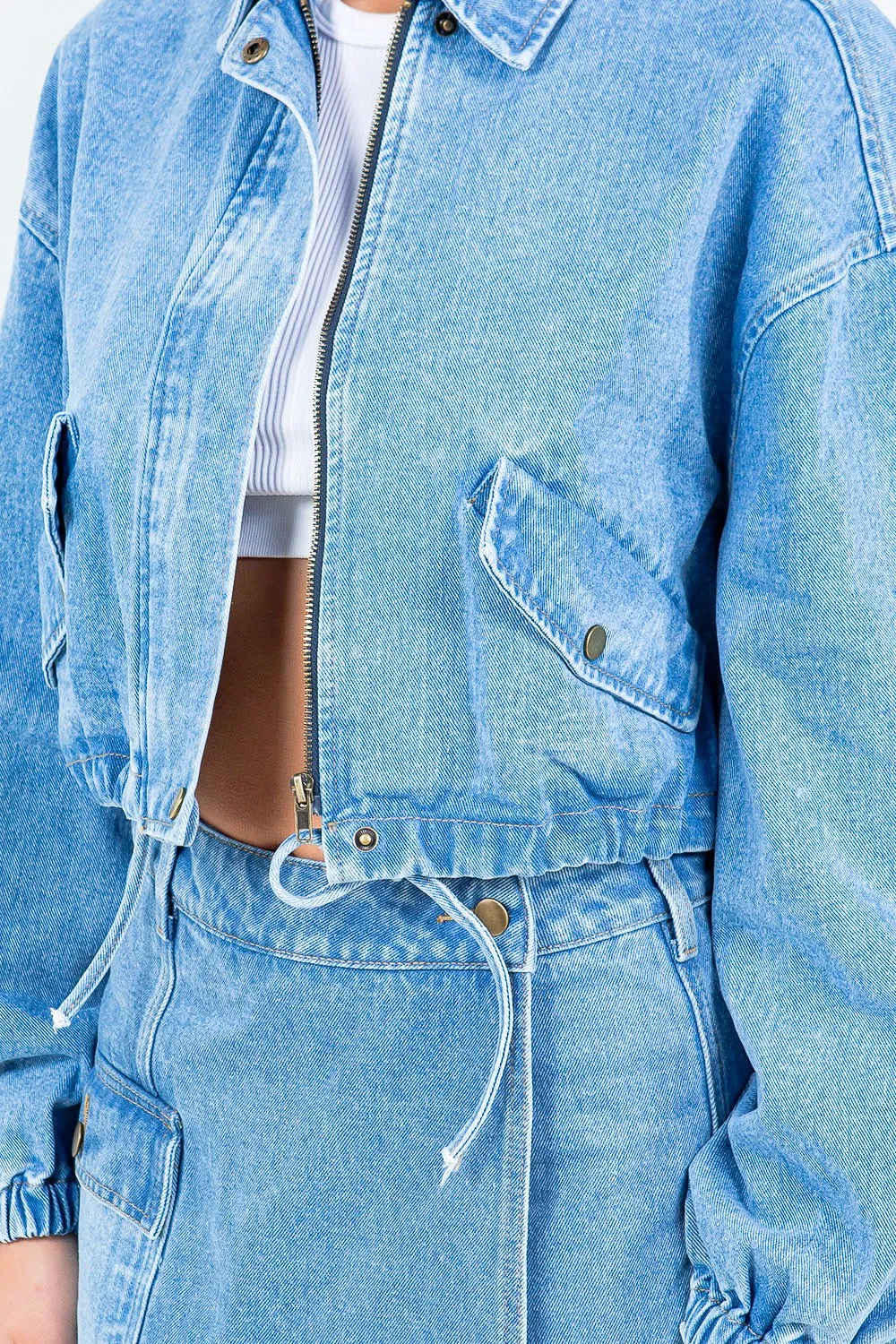 Drawstring Waist Crop Denim Jacket, image 2