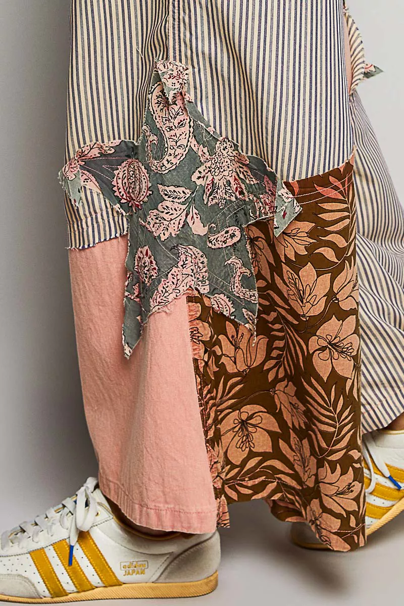 Striped Floral Patchwork Wide leg Pants with Side Big Star Patch, image 3