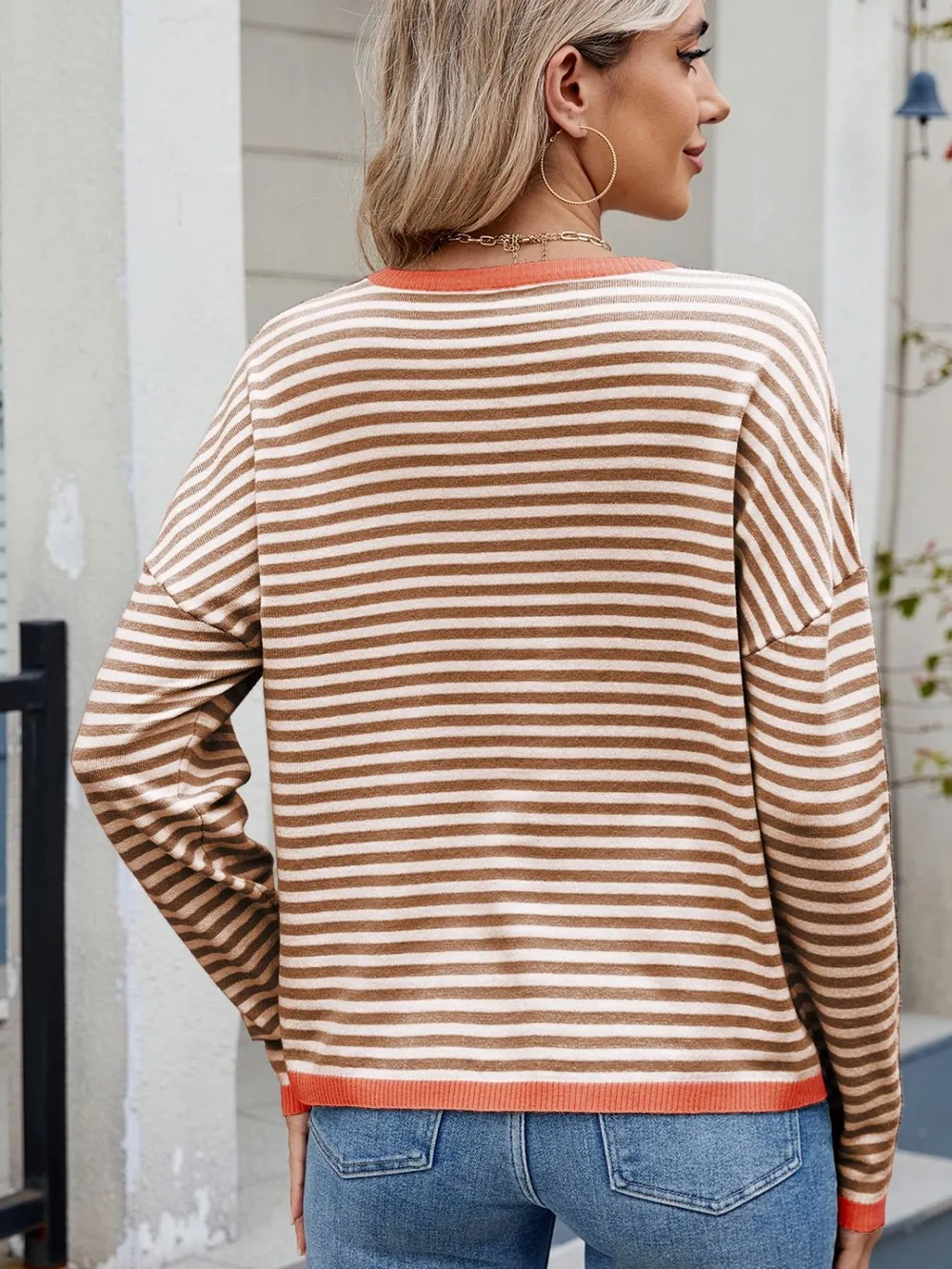 Striped Contrast Round Neck Long Sleeve Sweater, image 15