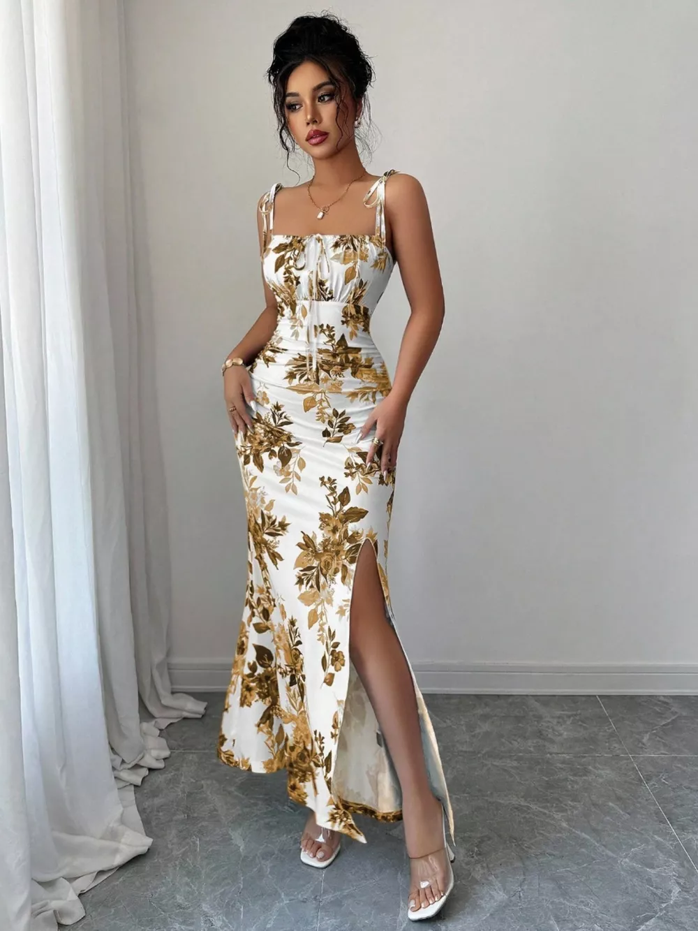 Printed Tie Strap Slit Maxi Dress, image 29