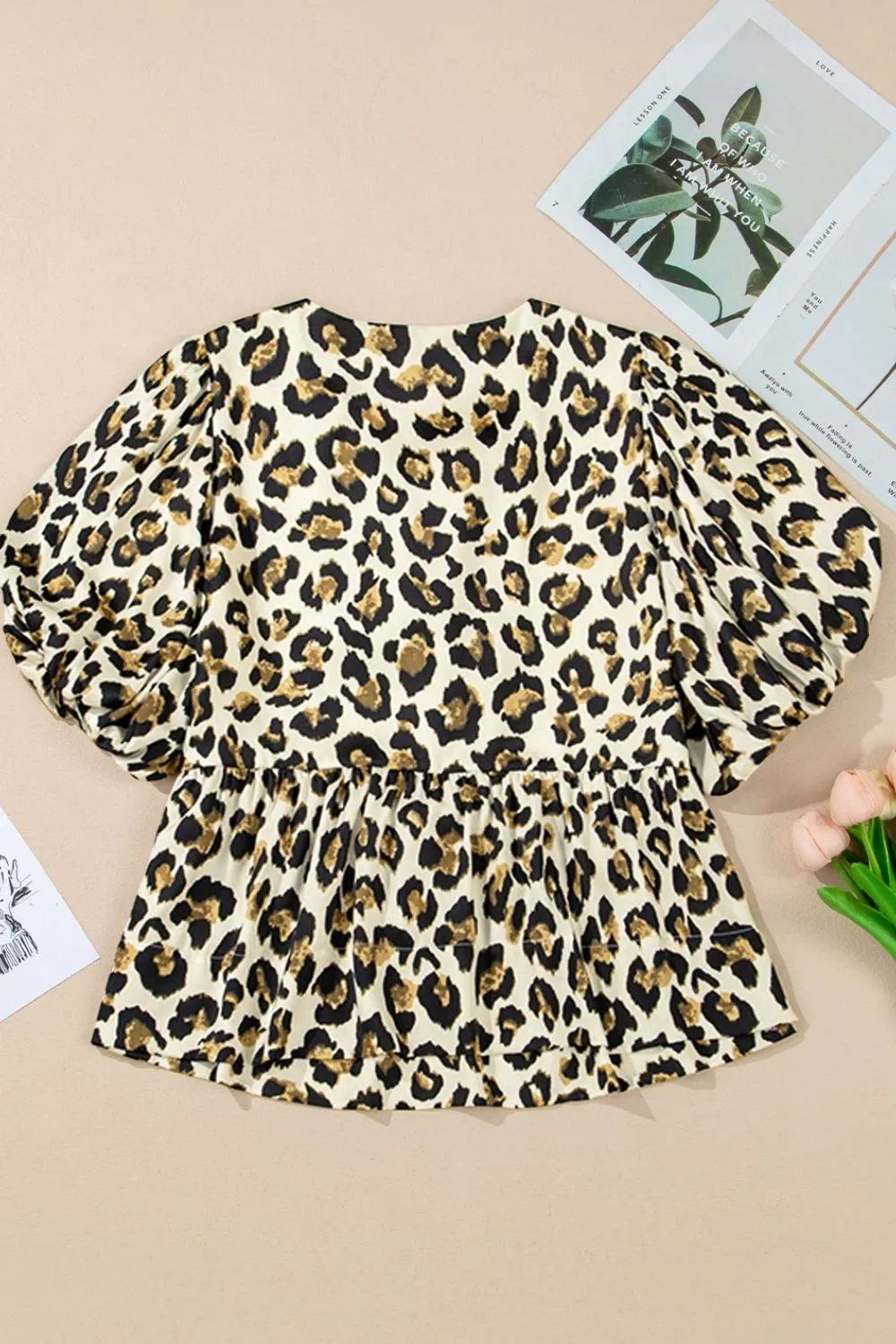 Leopard Bow Tie Front Puff Sleeve Peplum Blouse, image 7