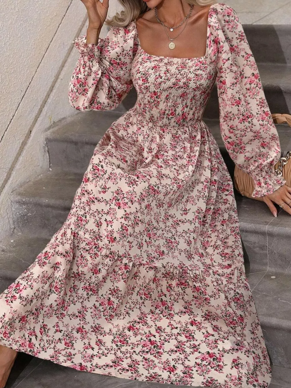 Floral Print Square Neck Smocked Midi Dress, image 5