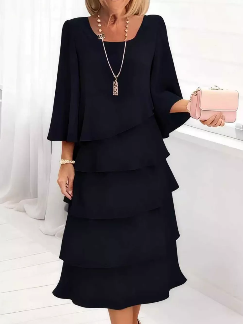 Full Size Ruffled Layered 3/4 Sleeve Dress Plus Size