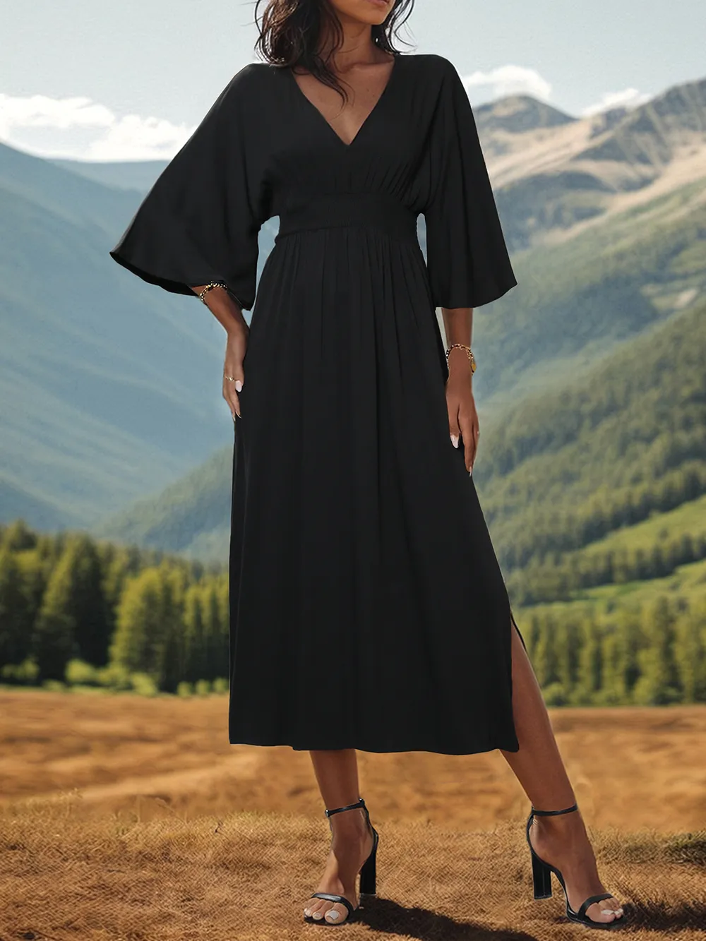 Slit V-Neck Long Sleeve Midi Dress, image 4