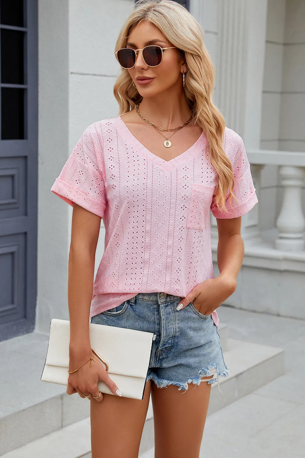 Eyelet V-Neck Short Sleeve T-Shirt, image 13
