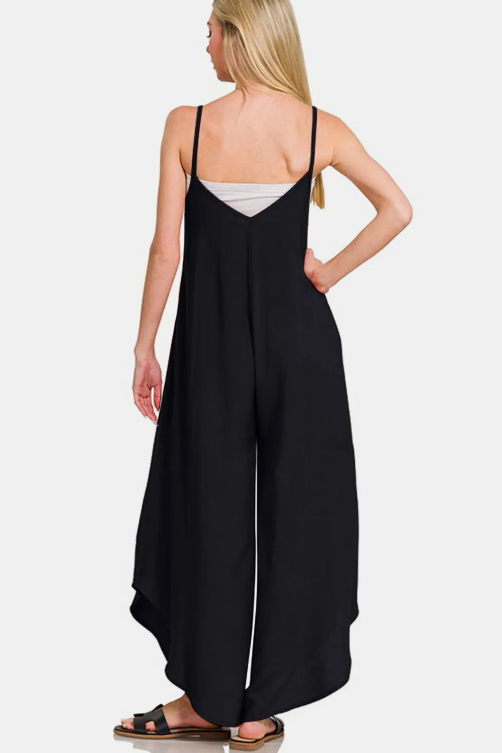 Spaghetti Strap Wide Leg Overalls with Pockets, image 2