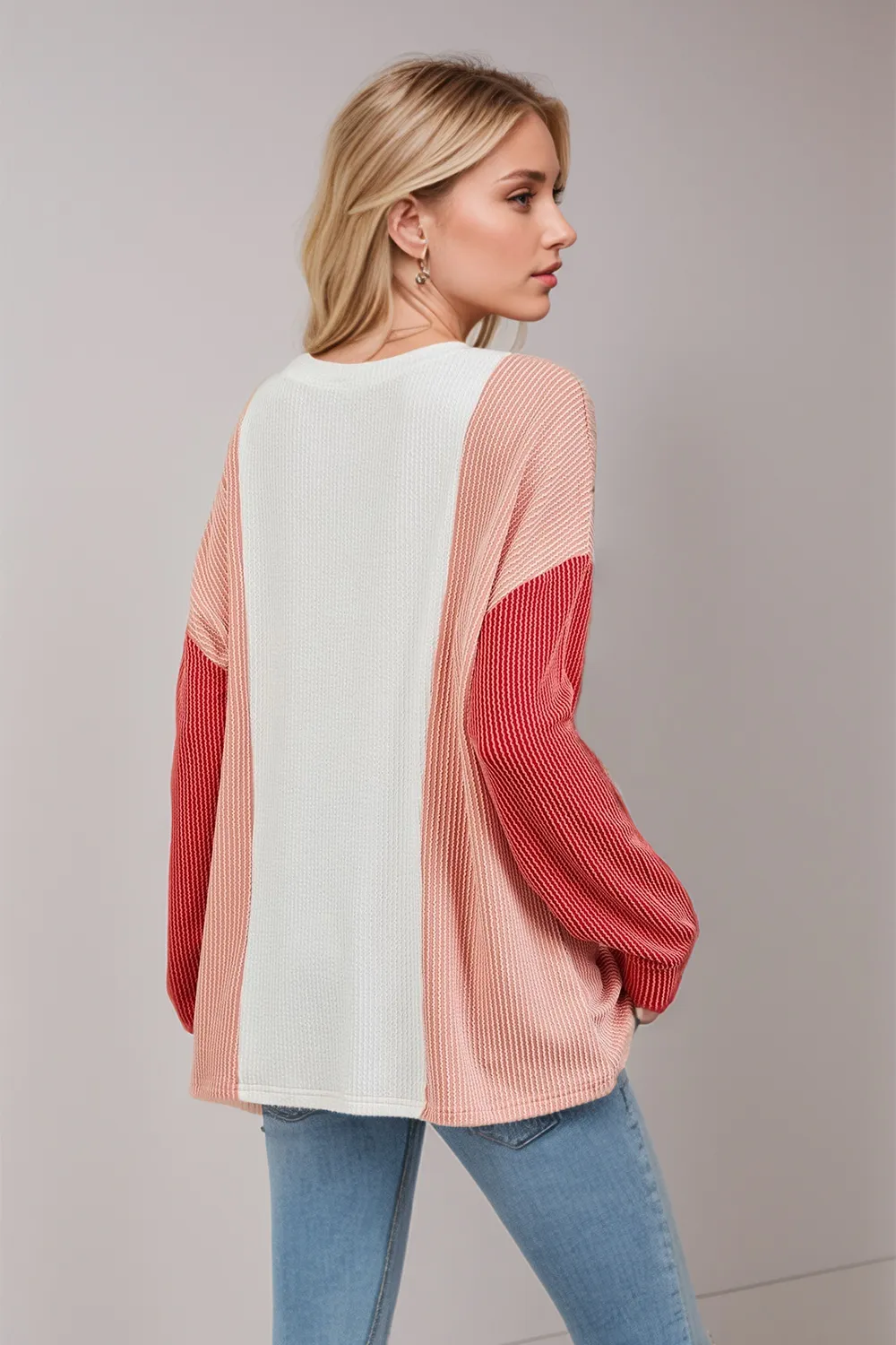Texture Contrast Round Neck Long Sleeve T-Shirt, image 3