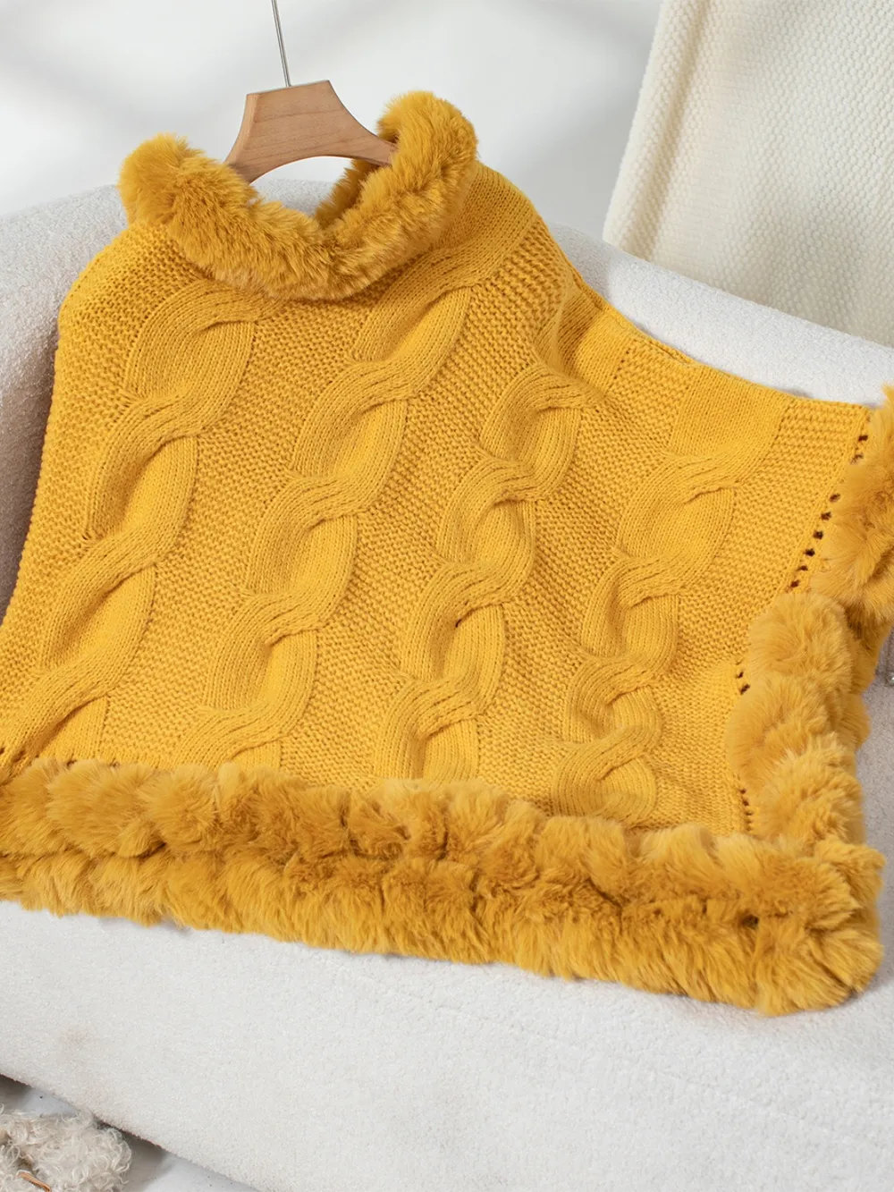 Fuzzy Hem Cable-Knit Poncho, image 8