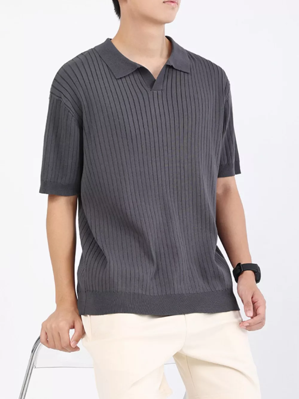 Men's Plus Size Ribbed Knit Short Sleeve Polo, image 7
