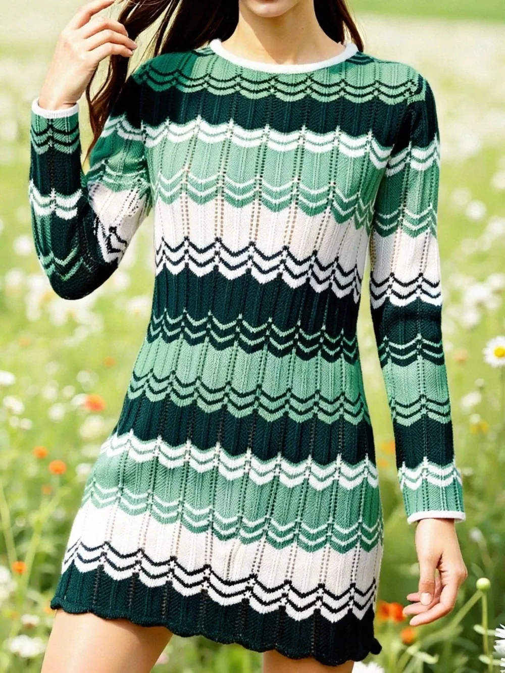 Openwork Wave Pattern Long Sleeve Sweater Dress, image 11