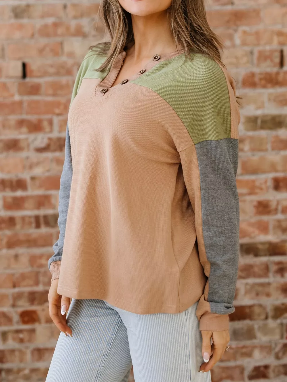 Color Block Thermal Textured Knit Drop Shoulder Henley Top, image 6
