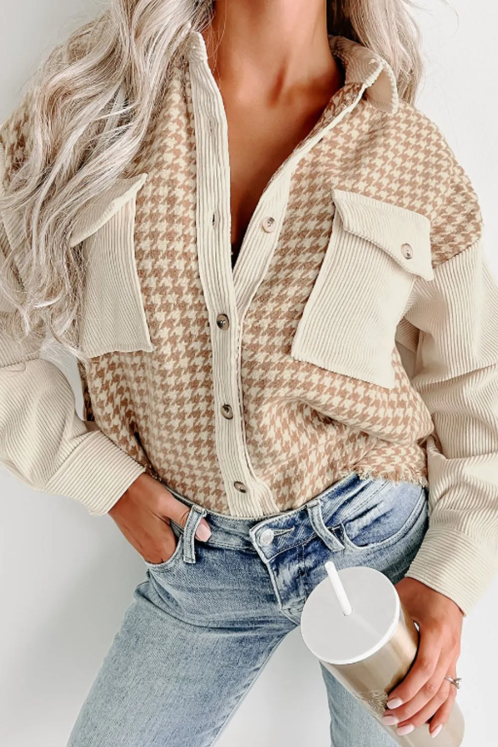 Houndstooth Button Up Long Sleeve Jacket, image 5