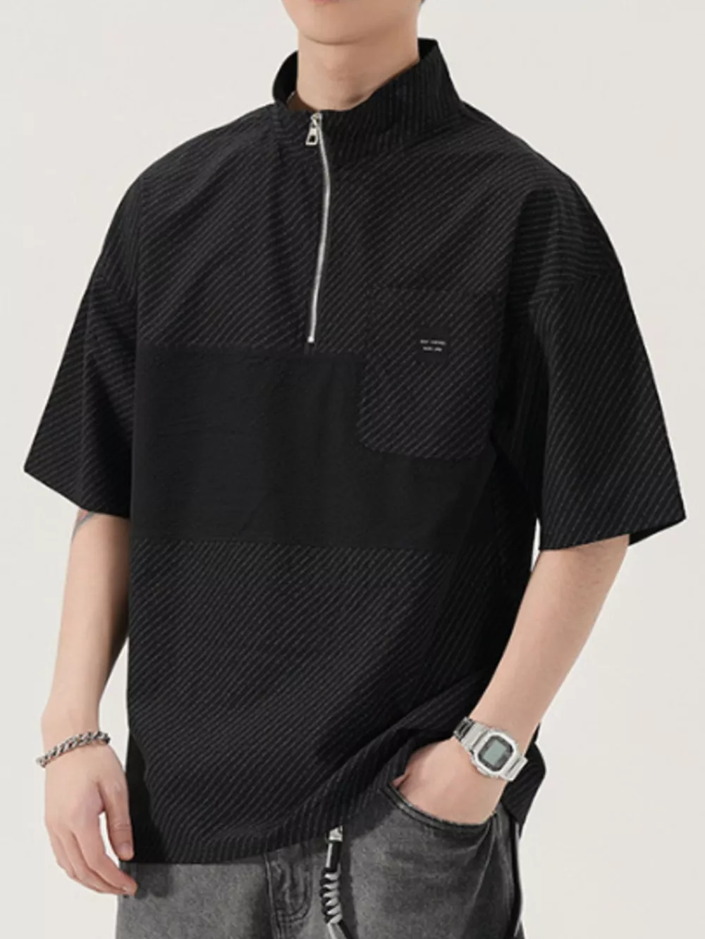 Men's Full Size Half-Zip Textured Oversized T-Shirt Plus Size, image 3