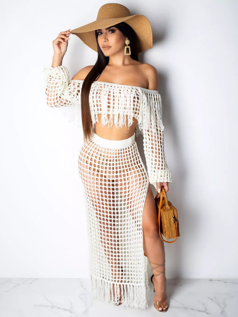 Full Size Crochet Off-Shoulder Fringe Top and Skirt Set Plus Size, image 4