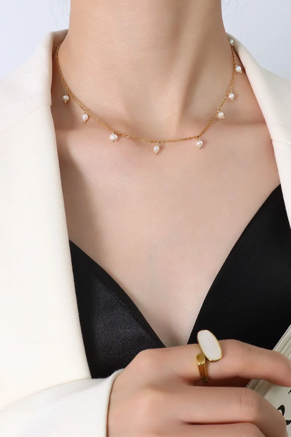 18K Gold-Plated Titanium Steel Pearl Necklace, image 3
