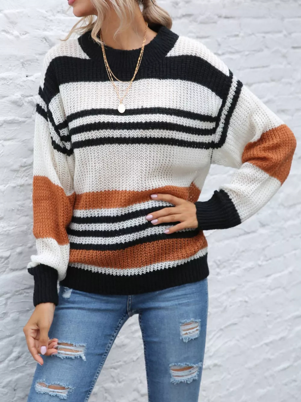 Striped Round Neck Knit Sweaer, image 9