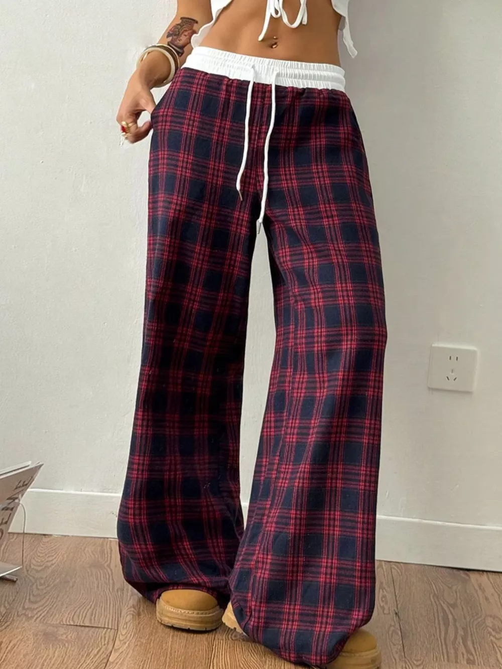 Plaid Wide-Leg Pants with Elastic Waistband, image 3