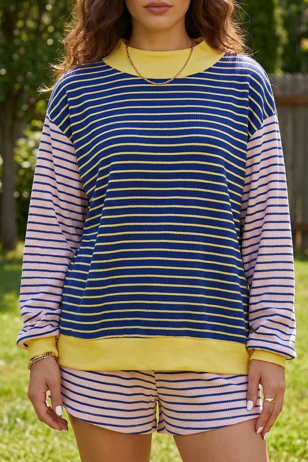 Stripe Color Block Long Sleeve Pullover Ribbed Knit Casual Shorts Set, image 3