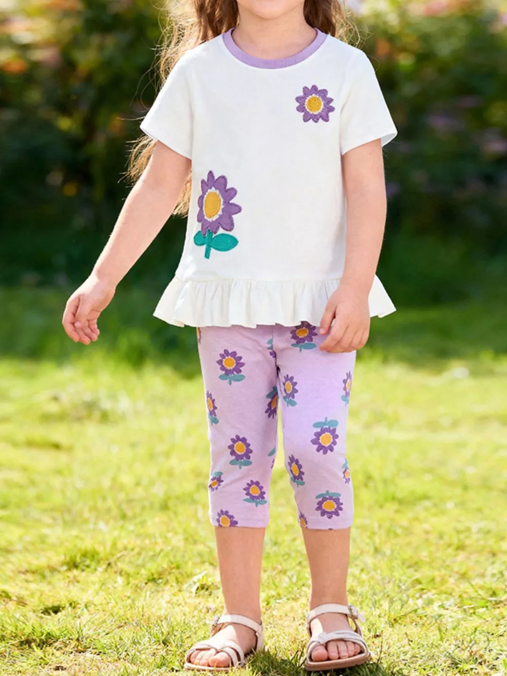 Children's Floral Print Ruffle Hem Tee & Capri Leggings Set