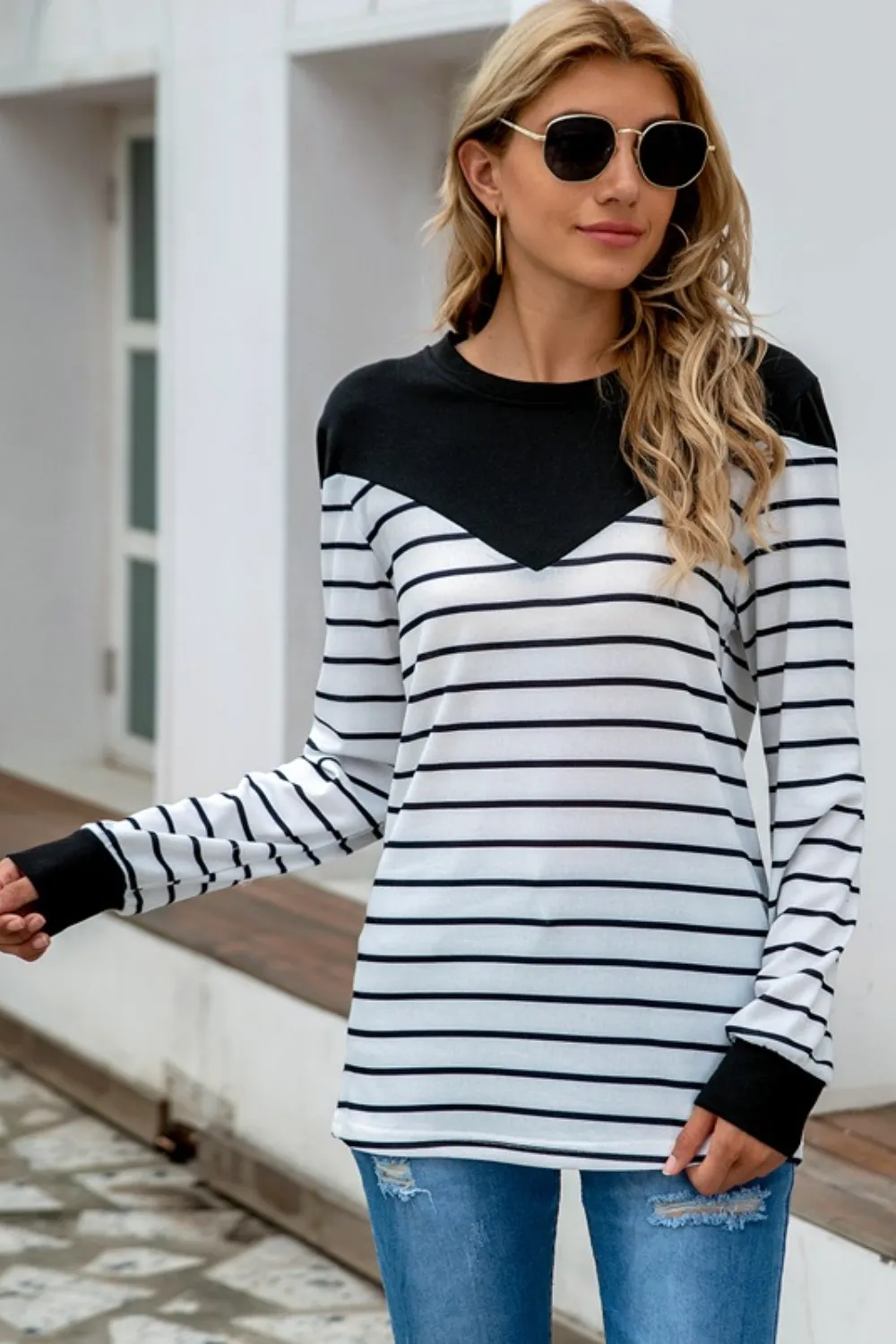 Striped Round Neck Long Sleeve T-Shirt, image 13