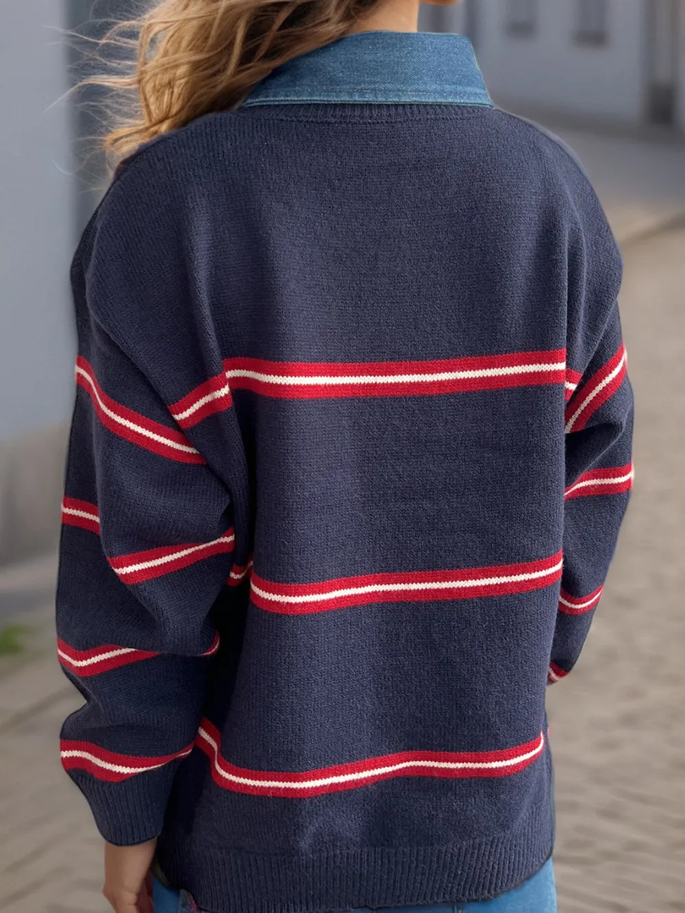 Contrast Stripes Round Neck Long Sleeve Sweater, image 3