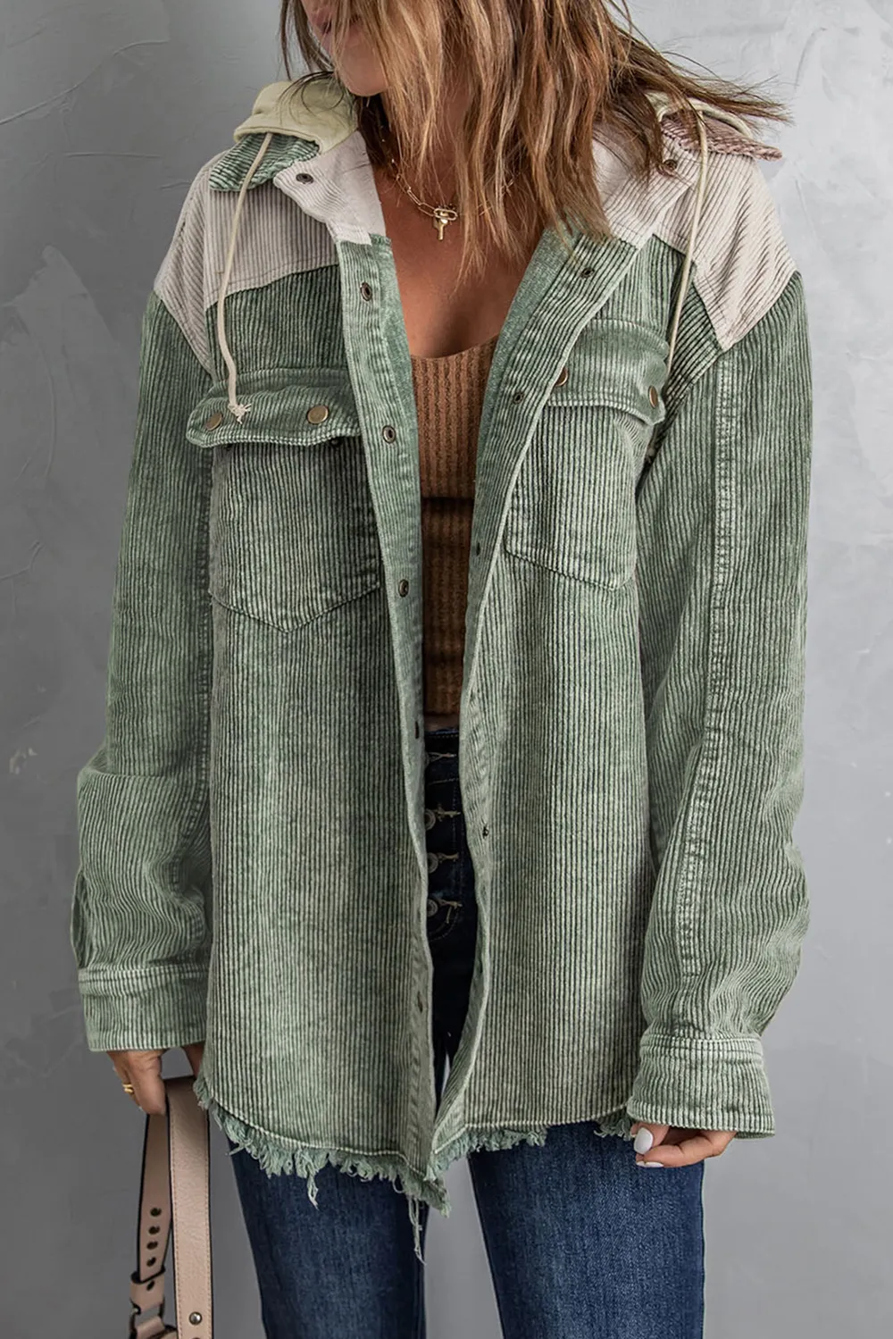 Snap Front Hooded Corduroy Shacket, image 9
