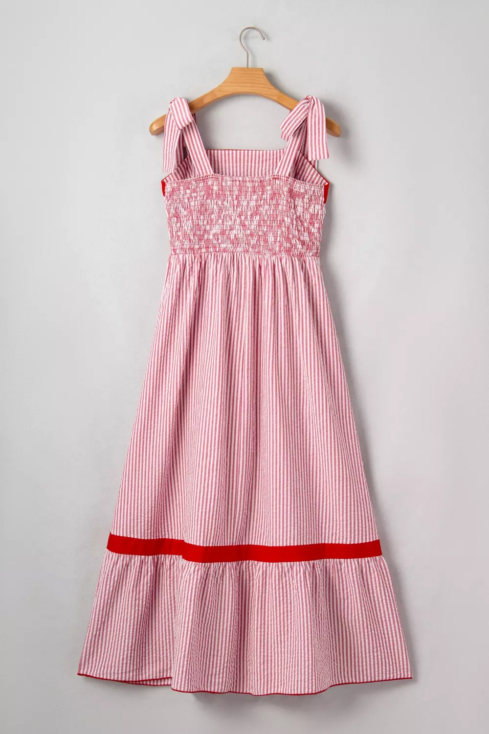 Stripe Bow Knot Straps Contrast Trim High Waist Ruffle Hem Maxi Dress, image 9