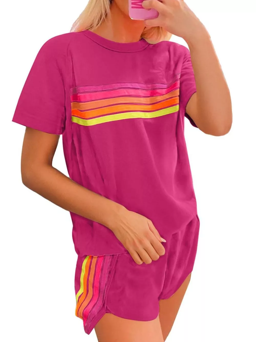 Rainbow Striped Round Neck Top and Shorts Set, image 11