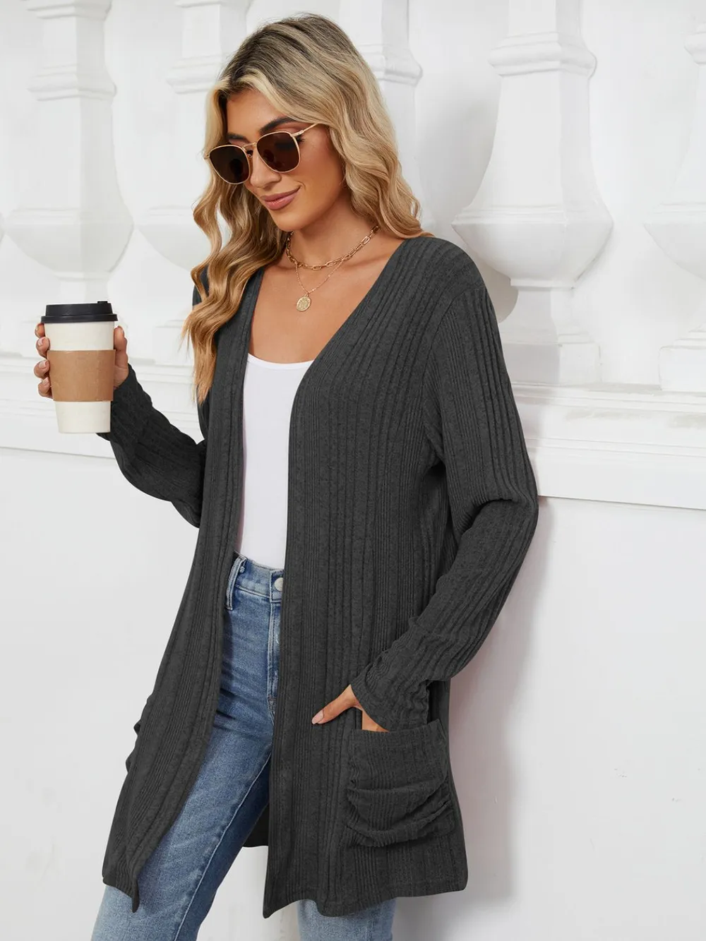 Pocketed Open Front Long Sleeve Cardigan, image 9