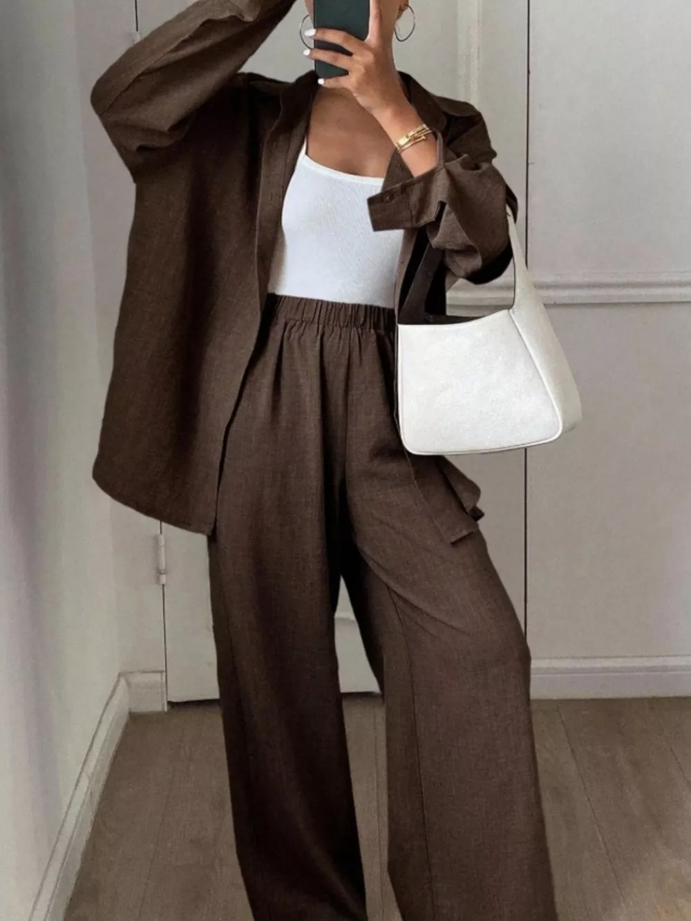Button Up Long Sleeve Shirt and Wide Leg Pants Set, image 23