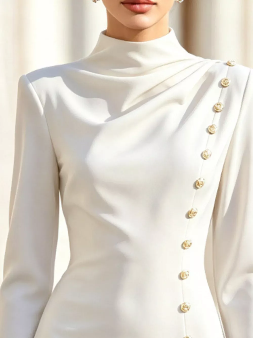 Mock Neck Long-Sleeve Bodycon Dress with Gold-Tone Button Detailing, image 3