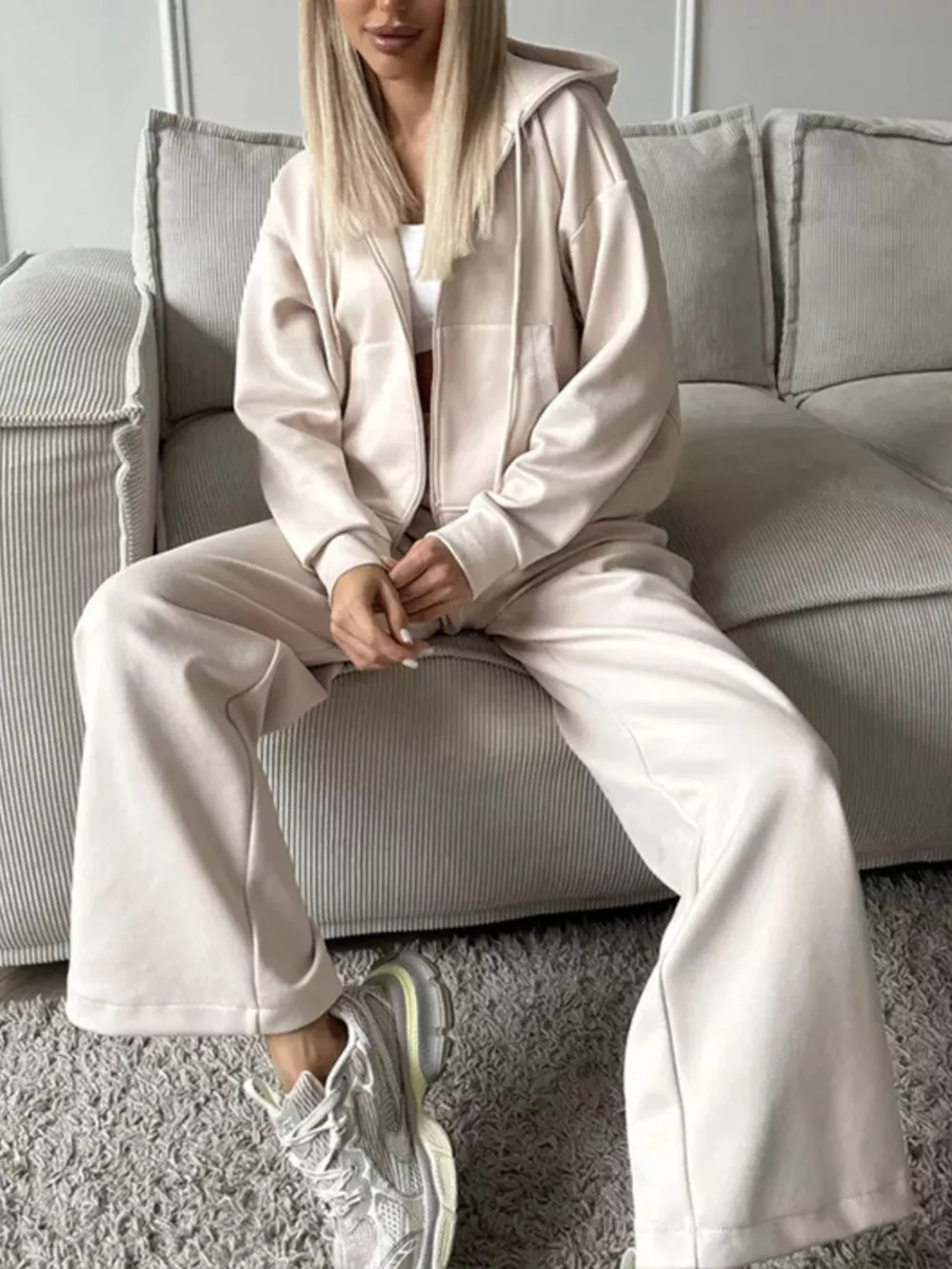 Zip-Up Hoodie and Wide-Leg Pants Set, image 2