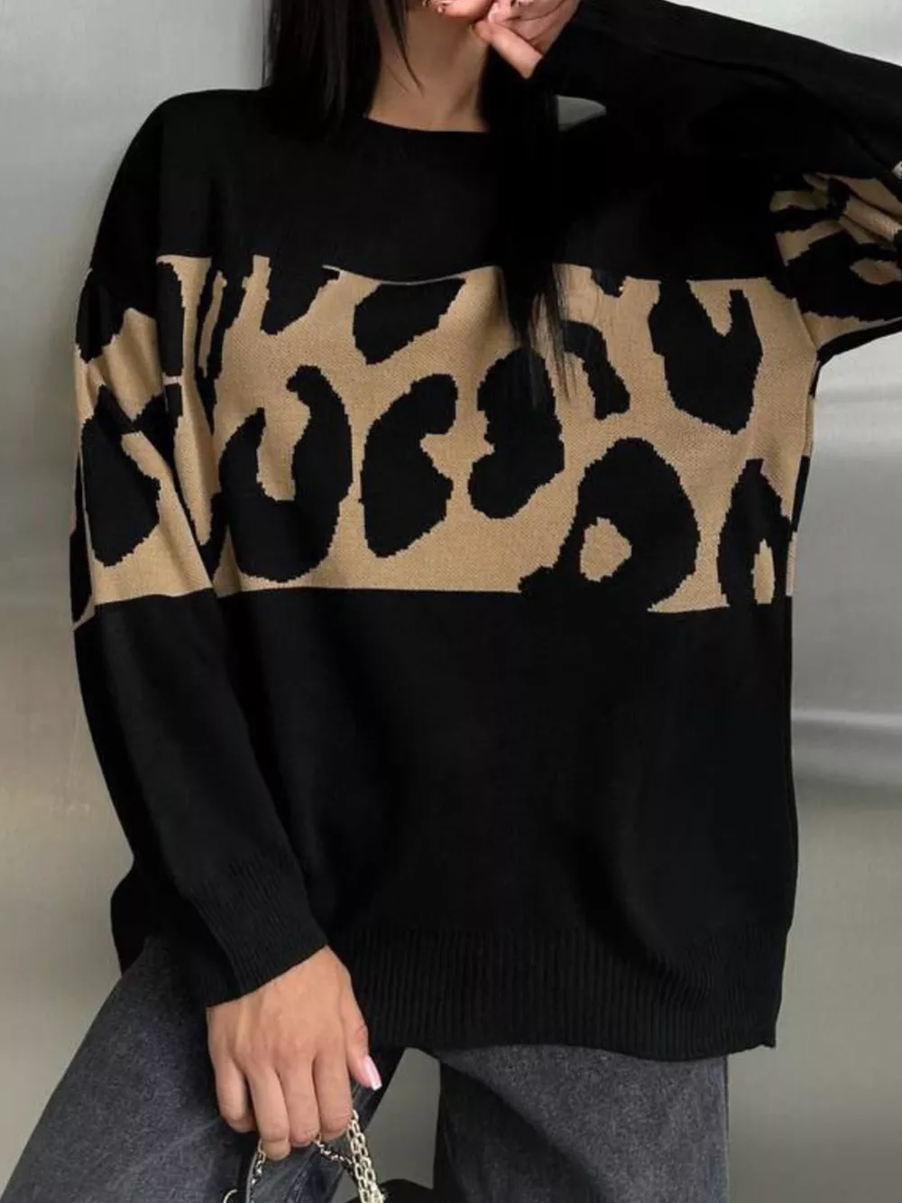 Leopard Color Block Round Neck Sweater, image 8