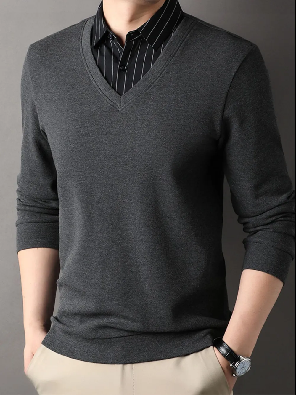 Men's Long Sleeve Striped Collar Polo, image 3