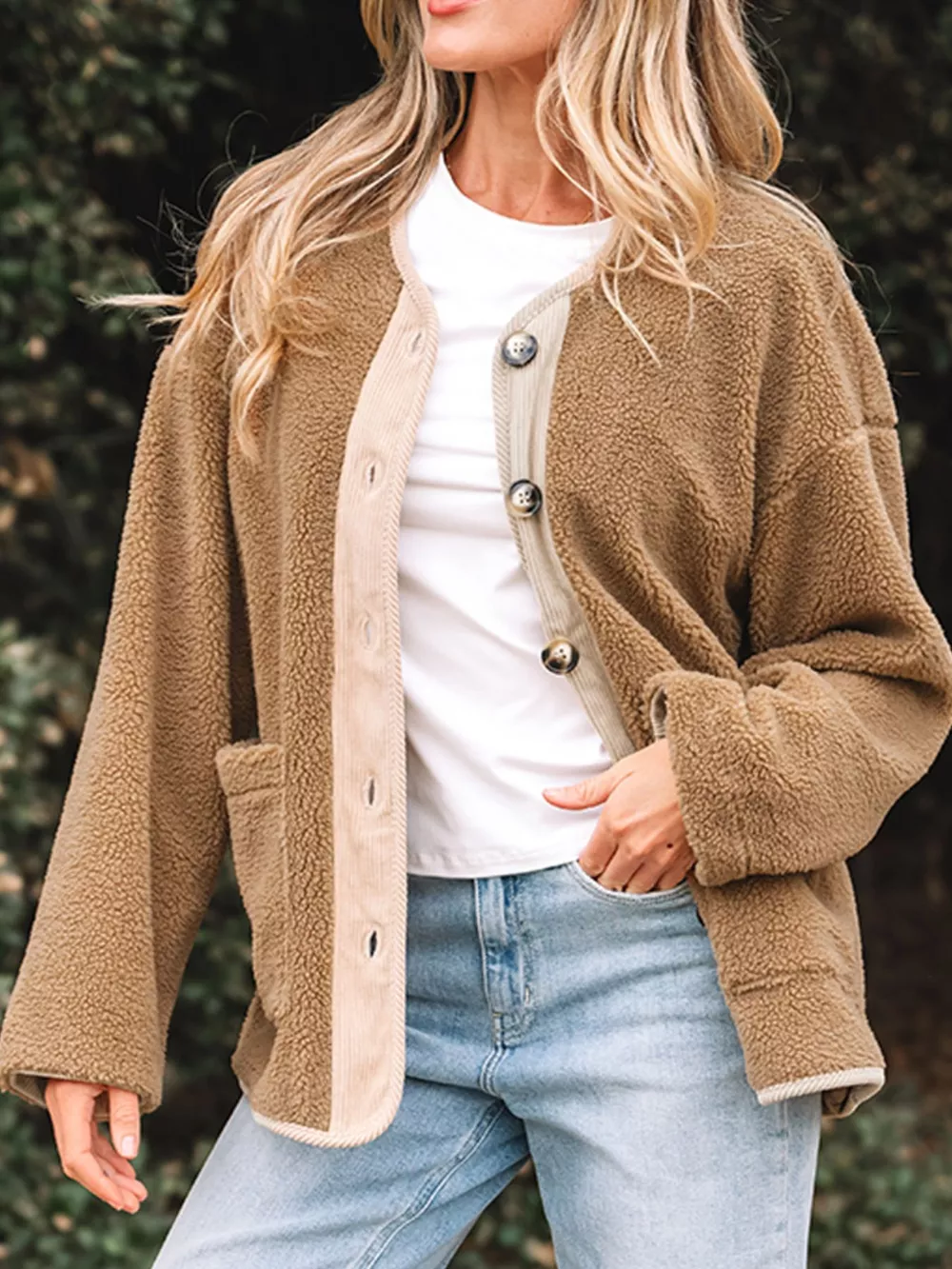Puffy Plush Corduroy Edge Patchwork Jacket with Pockets, image 4