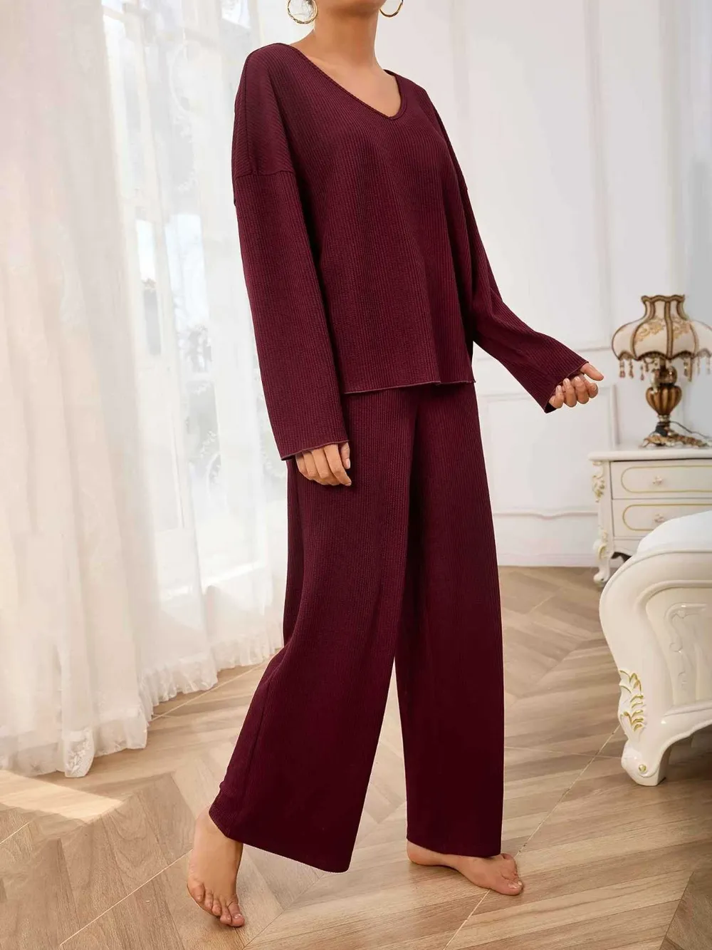 V-Neck Long Sleeve Top and Wide Leg Pants Set, image 2