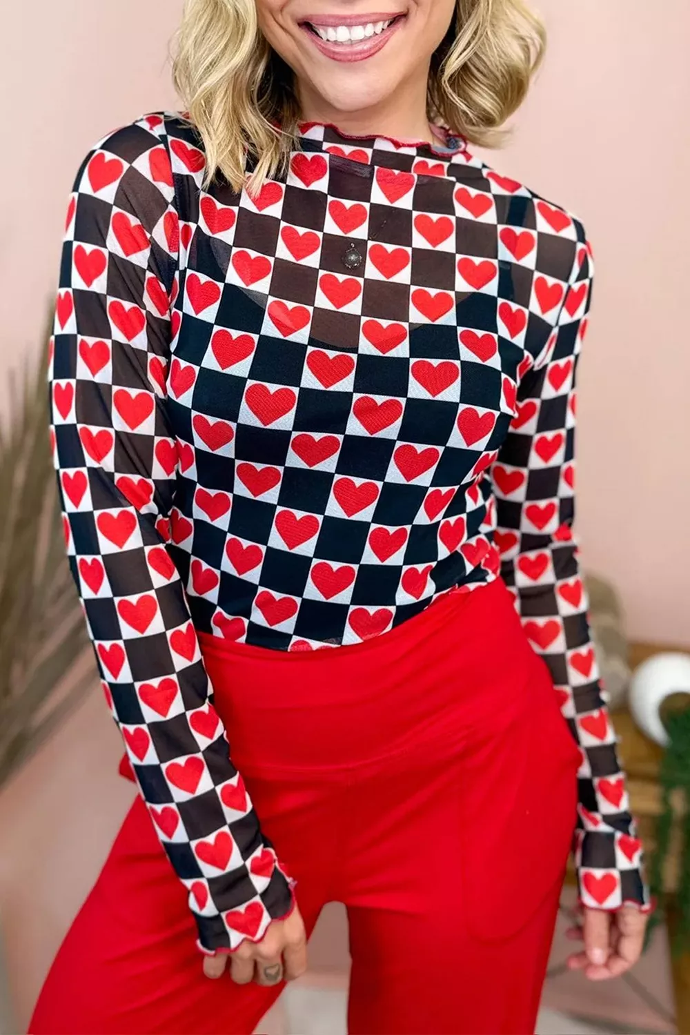 Plaid Heart Mesh Sheer Long Sleeve High Neck Top, image 9