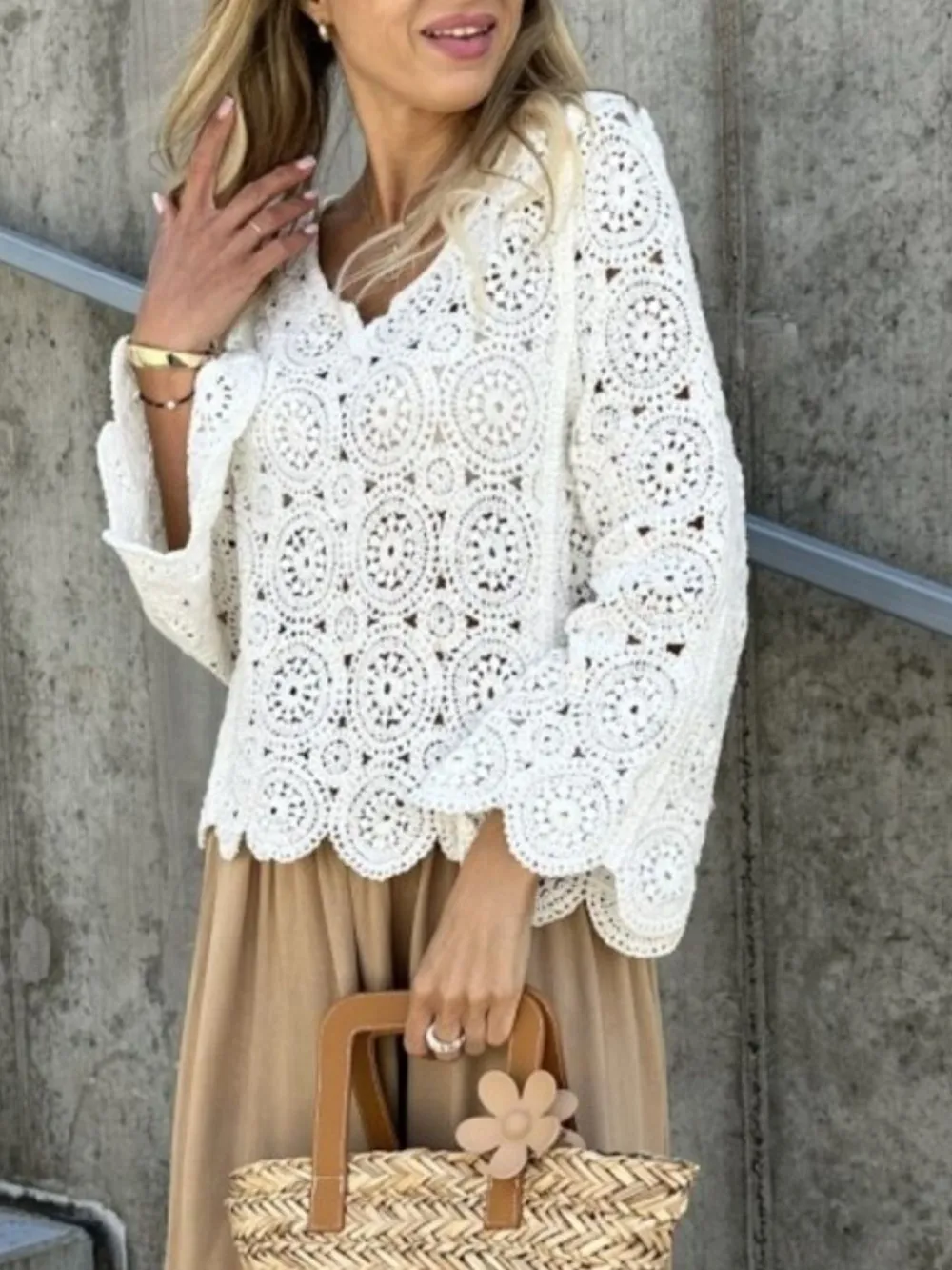 Crochet Lace V-Neck Bell Sleeve Knit Top, image 12