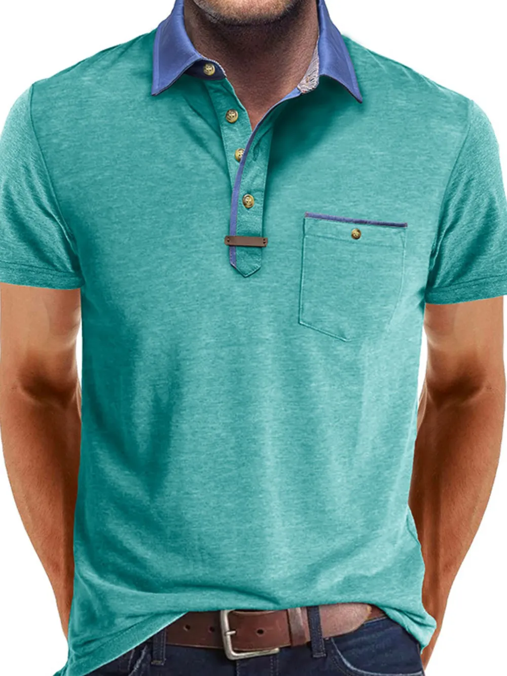 Men's Full Size Contrast Collar Pocket Polo Shirt Plus Size, image 12