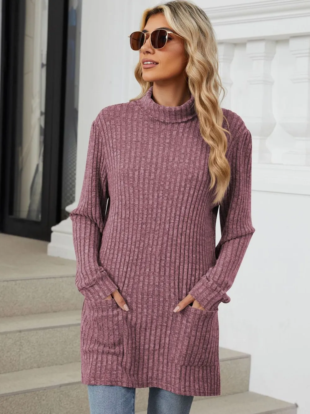 Ribbed Mock Neck Long Sleeve T-Shirt, image 2