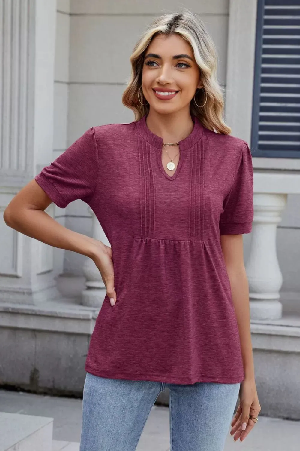 Notched Short Sleeve Solid Color Top, image 9