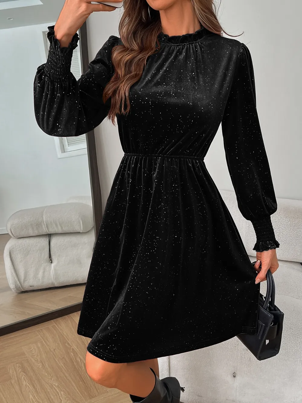 Glitter Mock Neck Long Sleeve Mini Dress, image 11