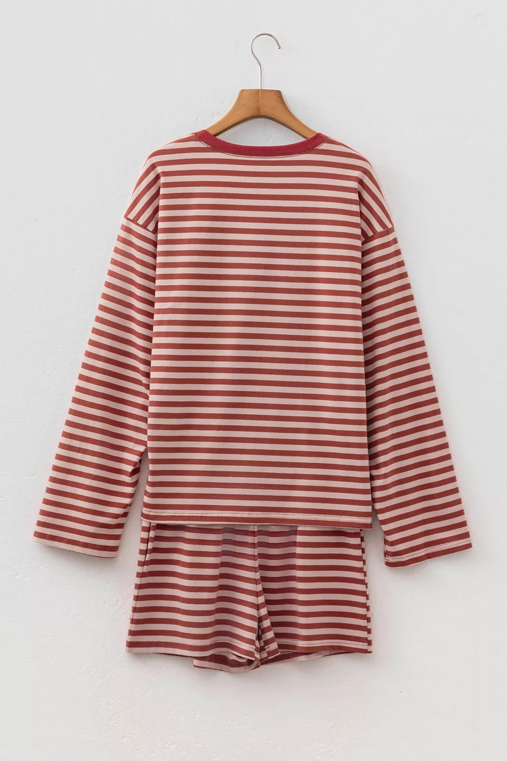 Stripe Relaxed Long Sleeve Top Contrast Elastic Waistband Short Set, image 7