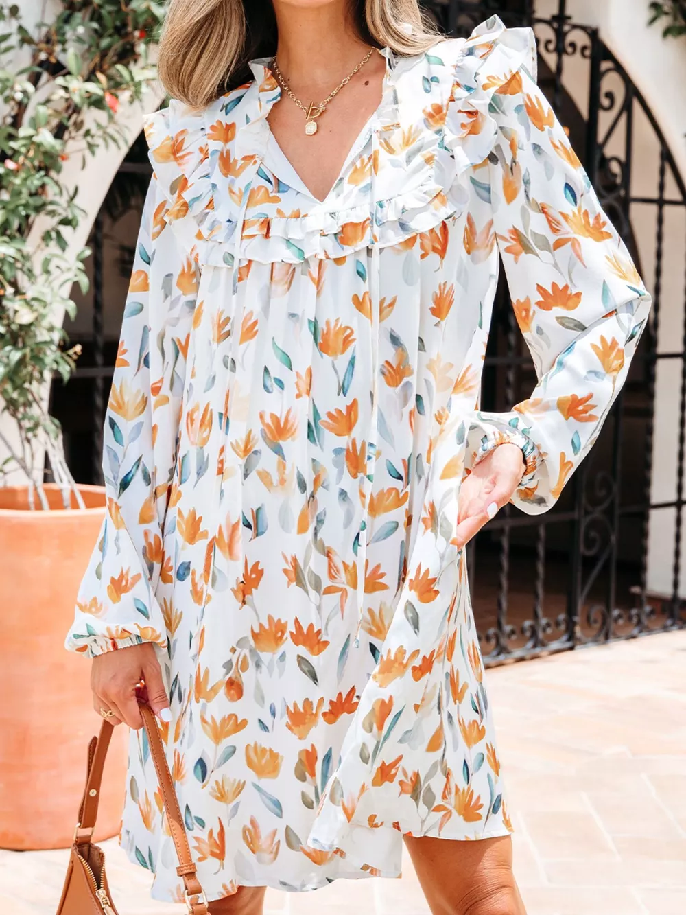 Floral Print Tie Neck Frilled Detail Long Sleeve Mini Dress, image 4