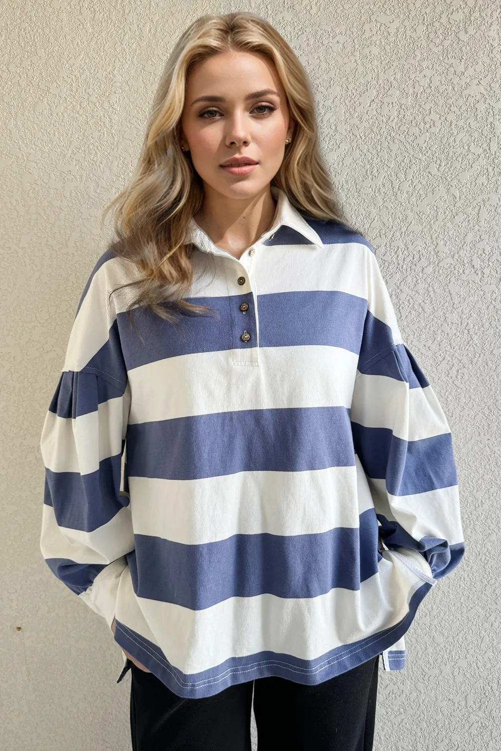 Pima Cotton Wash Wide Striped Collared Neck Long Sleeve Top, image 2