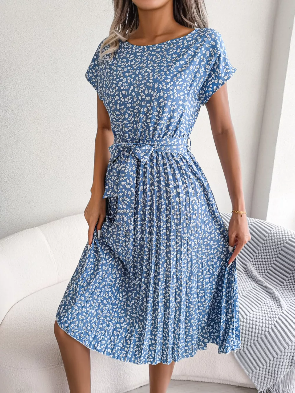 Floral Print Pleated Midi Dress with Belt, image 7