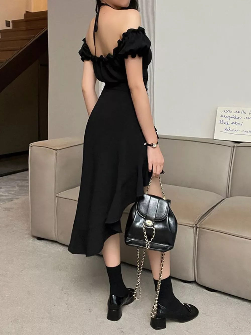 Off-Shoulder Ruffle Hem High-Low Dress, image 6