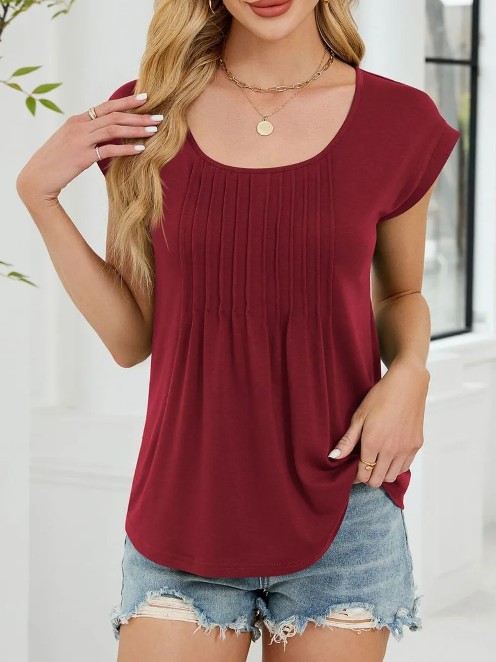 Pleated Front Scoop Neck T-Shirt, image 16