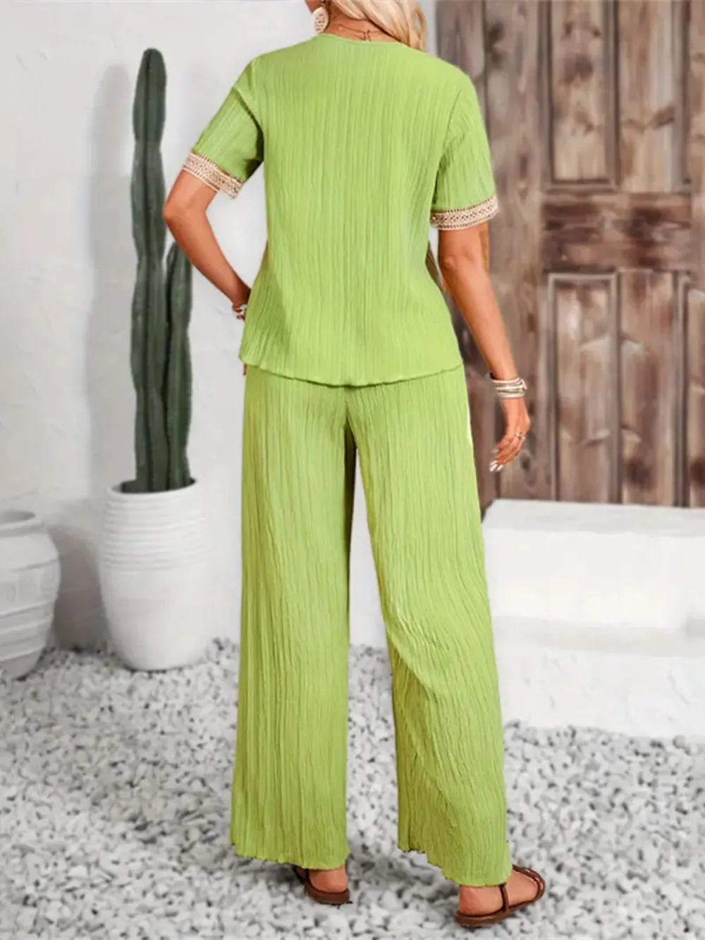 V-Neck Short Sleeve Top and Pants Set, image 2