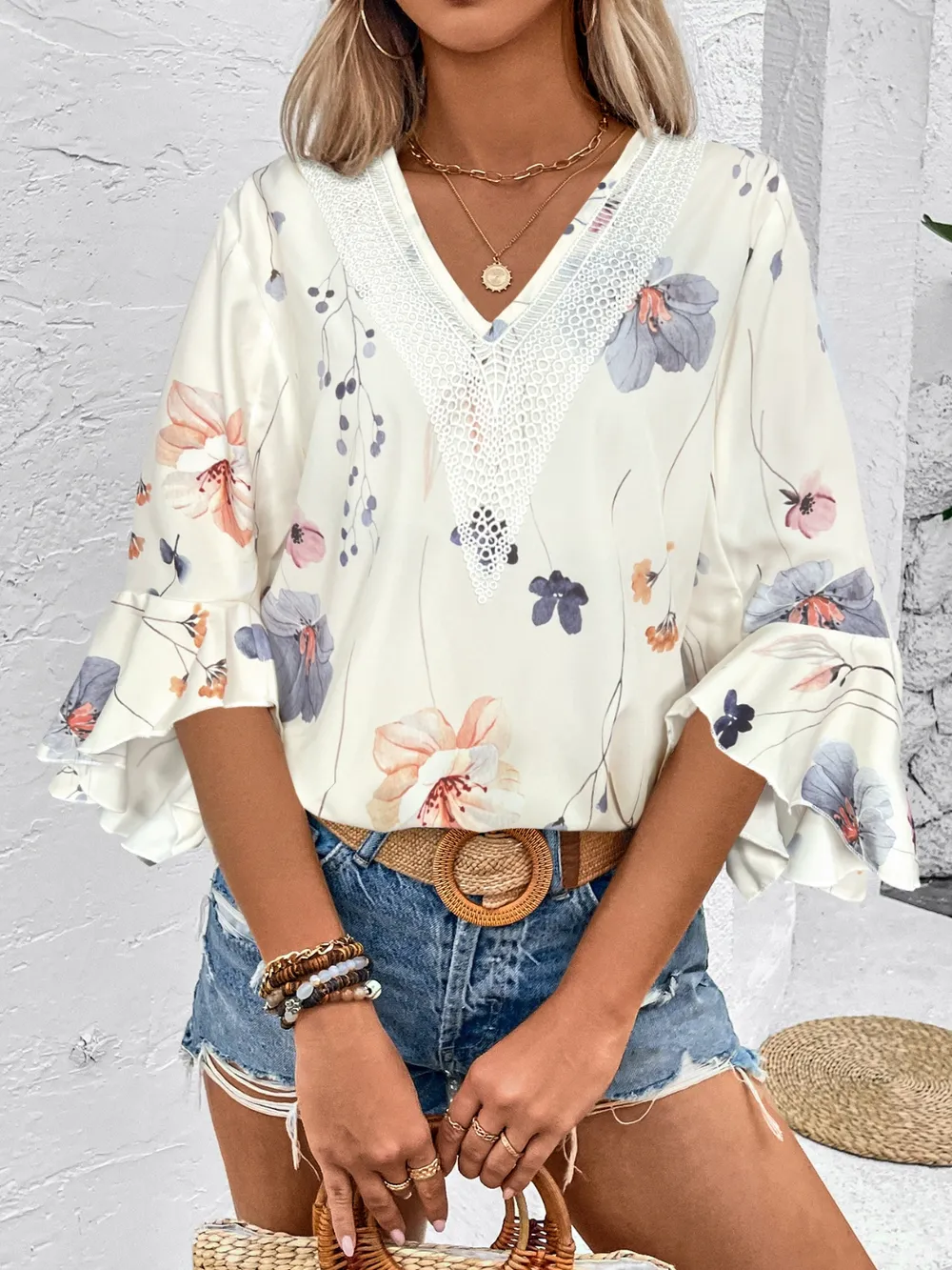 Ruffled Printed V-Neck Half Sleeve Blouse, image 8
